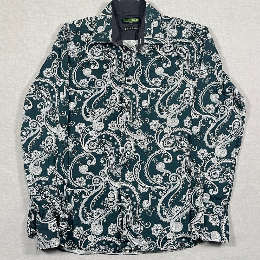 Inserch Icon Shirt Green White Paisley Men’s XL Long Sleeve Button Front Cotton